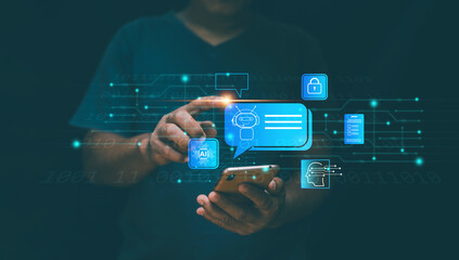 Poster - Chat with AI or Artificial Intelligence technology, Businessman using smartphone for chatting online with intelligent artificial or chatbot. Automation chat for information. Ai for data protection.