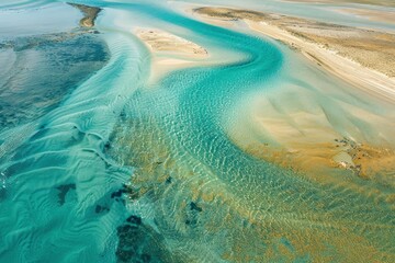 Wall Mural - Aerial view of clear turquoise river and coastal sandbar, Shark Bay, Western Australia, Australia - generative ai