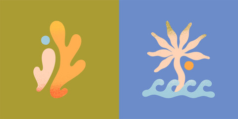 Wall Mural - vector abstract summer nature emblems.hand drawn coral,palm with sun and ocean waves.modern graphic 