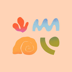 Wall Mural - vector set of abstract summer nature elements.hand drawn wave,coral,seashell,organic form.modern gra