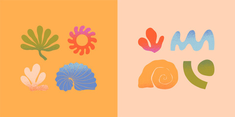 Wall Mural - vector set of abstract summer nature elements.hand drawn palm,sun,coral,seashell,waves.modern graphi