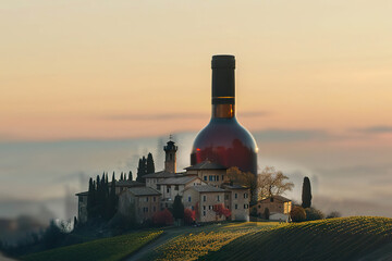 A bottle of red wine reveals a breathtaking Tuscan landscape, with a charming villa nestled amongst vineyards at sunset. Generated by AI.