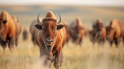 A powerful bison is photographed close-up, standing on grassy plains with a herd in the background, embodying the strength and unity of wildlife in their natural habitat.