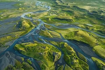 Wall Mural - An aerial snapshot captures the interwoven river basins and moss-covered landscapes of Iceland's dynamic environment - generative ai