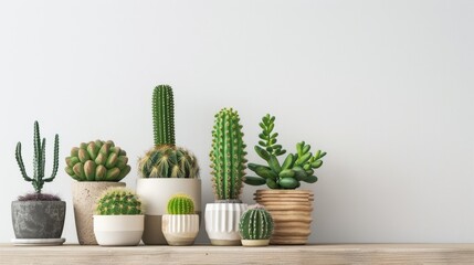 Wall Mural - Group of cacti in pots on wooden desk with white wall background