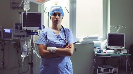 Wall Mural - A female nurse stands in a hospital room, arms crossed.