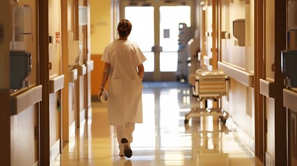 A female doctor walks down a hospital hallway.