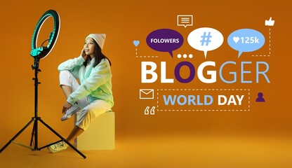 Poster - Banner for World Blogger Day with young Asian woman recording video