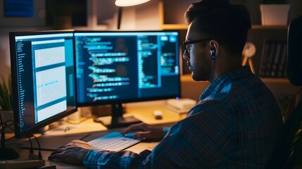 Poster - Young man working on a computer late at night.