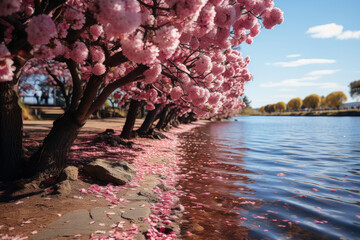 Wall Mural - Cherry trees line a riverside path, their blossoms drifting on the water. Concept of ephemeral beauty and nature’s cycles. Generative Ai.