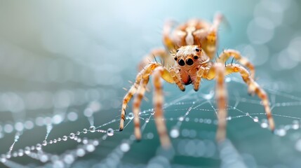 A spider positioned in the center of its intricate web, adorned with morning dew drops that glisten beautifully in the soft morning light, capturing the delicate artistry of nature.