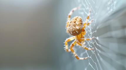 A detailed macro image of a spider skillfully weaving its web, displaying the intricate patterns and focus of the spider in its natural outdoor habitat.