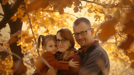 Wall Mural - Happy family of three smiling in the fall.