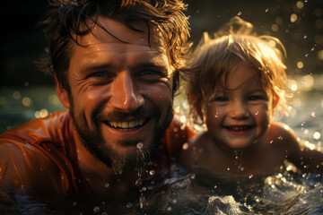 Poster - A father helping his child overcome their fear of swimming, patiently guiding them through each stroke in the pool. Concept of overcoming challenges and parental reassurance. Generative Ai.