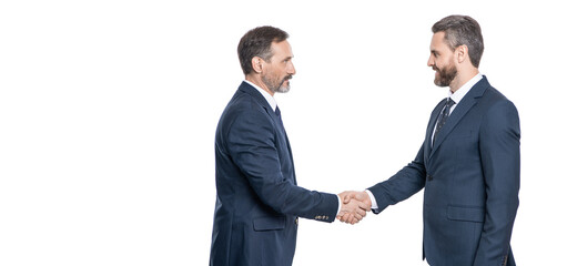 Wall Mural - business deal. two businessmen handshaking after contract deal. successful agreement in business deal. businessmen dealing isolated on white. partnership concept. copy space banner