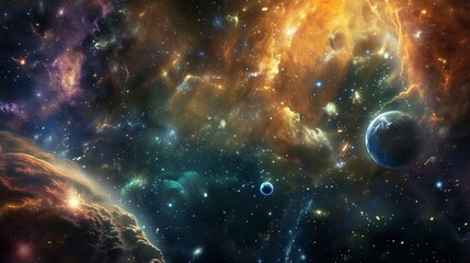 Captivating galaxy background with vibrant planets, stars, and nebulae in deep blue hues. Perfect for sci fi or fantasy projects, evoking exploration and mystery