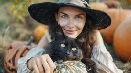 Canvas Print - portrait of a woman dressed like a witch with a cat for halloween portrait