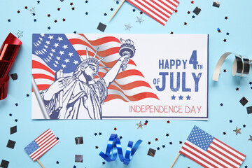 Wall Mural - Greeting card for Independence Day, stars and USA flags on blue background