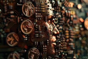 AI brain made of circuit boards and coins, machine learning in finance concept, with copy space