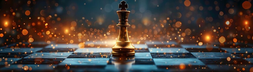 A single king chess piece illuminated with a golden glow stands on a chessboard against bokeh lights