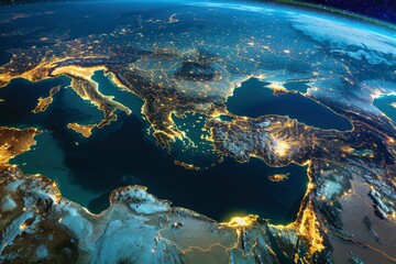 Wall Mural - Earth photo at night, City Lights of Europe, Middle East, Turkey, Italy, Black Sea, Mediterrenian Sea from space, World map globe. Satellite HD photo. Elements of this image furnished - generative ai