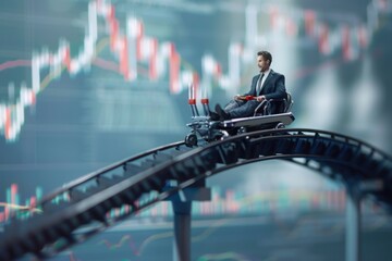 financial analyst riding a stock market roller coaster, with copy space