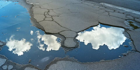 Wall Mural - A reflection photography of a bright, cloudless sky reflected in a shimmering heatwave over asphalt