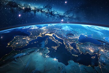 Wall Mural - Earth photo at night, City Lights of Europe, Middle East, Turkey, Italy, Black Sea, Mediterrenian Sea from space, World map globe. Satellite HD photo. Elements of this image furnished - generative ai