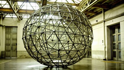 Wall Mural - Abstract sphere composed of steel and wire in a studio setting, metal, geometric, sphere, modern, industrial, shiny