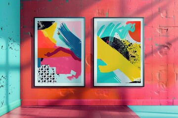 Sticker - Two vibrant paintings adorn a bright pink wall, ready to catch the eye