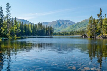 Wall Mural - Geography, potamology. Middle Siberia (south part). Panorama of crystal clear water copious river and taiga forests, Typical coniform hill oreography. Absence of people - generative ai