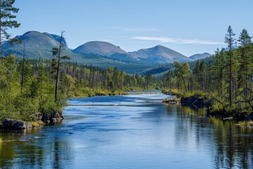 Wall Mural - Geography, potamology. Middle Siberia (south part). Panorama of crystal clear water copious river and taiga forests, Typical coniform hill oreography. Absence of people - generative ai