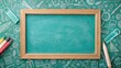 © Udomner - Back to school chalkboard background with school supplies doodle frame on teal color, back to school, chalkboard