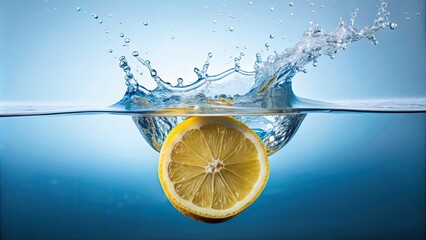 Wall Mural - Lemon slice falling into water creating a refreshing splash , lemon, water, splash, fruit, citrus, refreshing, drink