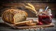 © Udomner - Close-up shot of a whole grain bread loaf with seeds and a jar of jam on rustic background, food, photography, whole grain, bread