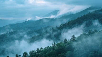 A panoramic view of misty mountains shrouded in a soft blue haze creating a serene and ethereal landscape