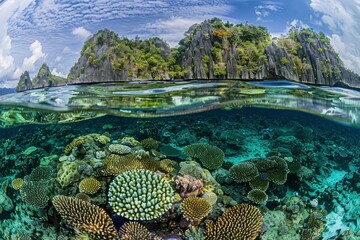 Poster - Healthy fringing coral reefs grow around the dramatic limestone islands that rise from Raja Ampat's seascape. This remote part of Indonesia is known for its incredibly high marine - generative ai