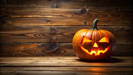 Wall Mural - Halloween pumpkin head jack o' lantern glowing on rustic wooden background, Halloween, pumpkin, jack o' lantern, spooky