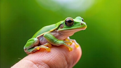 Lovely green frog perched on a finger, frog, cute, green, adorable, amphibian, wildlife, nature, finger, small, tiny