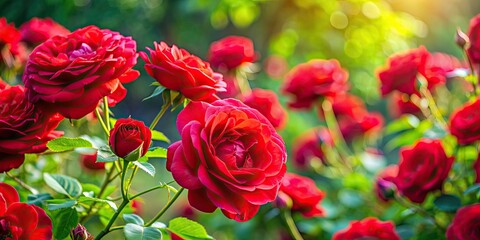 Wall Mural - Close-up of vibrant red roses in a blooming flower garden, roses, flowers, garden, vibrant, red, close-up, petals, blooming