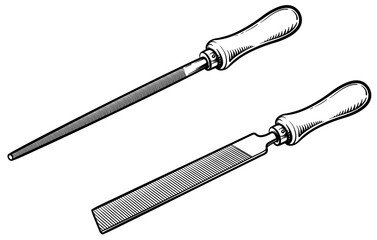 Black and white drawing of a metal file. Rasp tool vector illustration.