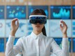 © ktianngoen0128 - Businesswoman in augmented reality glasses engaging with digital charts, representing cutting-edge enterprise solutions, modern, tech-savvy, ample copy space for text.