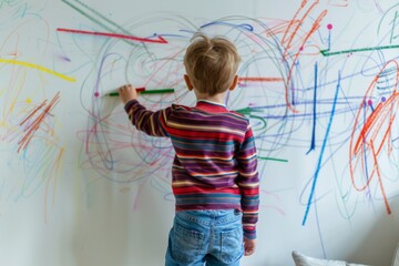 Little kid in his room scribbling on the walls