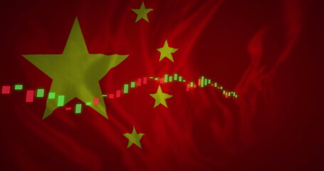 Wall Mural - Image of financial data processing over flag of china