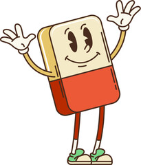 Poster - Retro groovy school eraser character. Isolated cartoon vector eraser tool dancing with cheerful smile and raised hands. School or office rubber educational stationery personage evoking nostalgia vibes