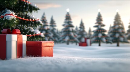 A white and red box with red bow sits on wooden surface next to two Christmas trees