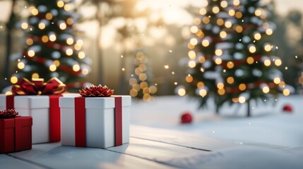 A white and red box with red bow sits on wooden surface next to two Christmas trees