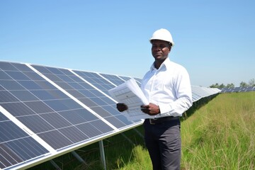 A professional engineer inspects solar panels on a farm to ensure renewable energy production, promote ecofriendly technology, and utilize innovative solar technology, encouraging green energy