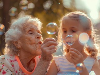 A heartwarming scene of intergenerational friendship, showing an older woman and a young girl enjoying the simple pleasure of blowing bubbles together