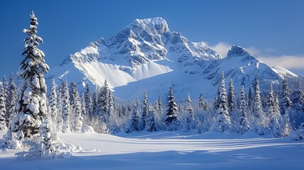 Sticker - a snowy mountain with a forest of trees in the foreground and a blue sky in the background with clouds..